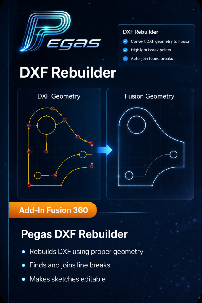 Pegas DXF Rebuilder — Fusion 360 add-in converting DXF splines to arcs and closing gaps