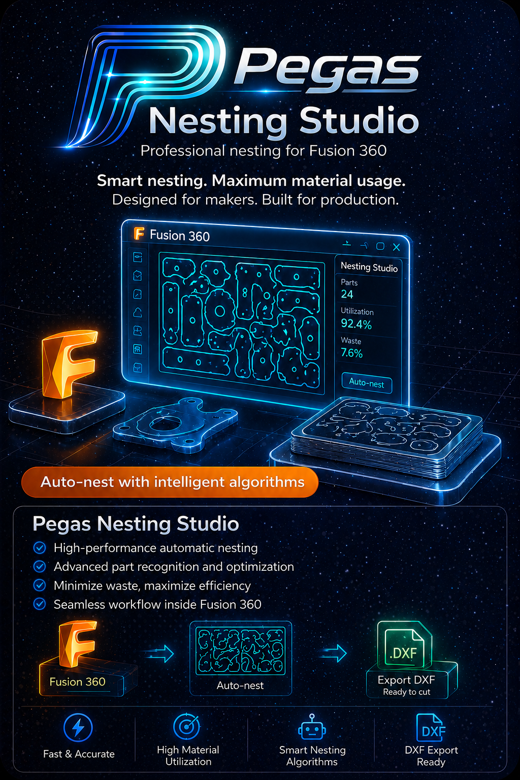Pegas Nesting Studio — Fusion 360 nesting add-in with built-in solver