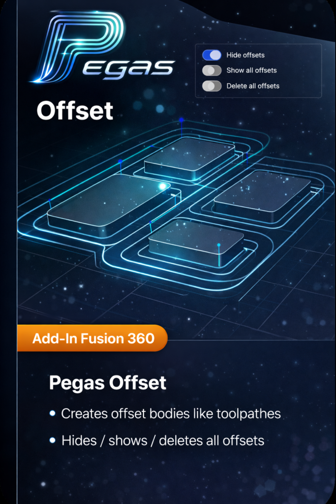 Pegas Offset — Fusion 360 add-in screenshot showing offset bodies for cutter clearance checking