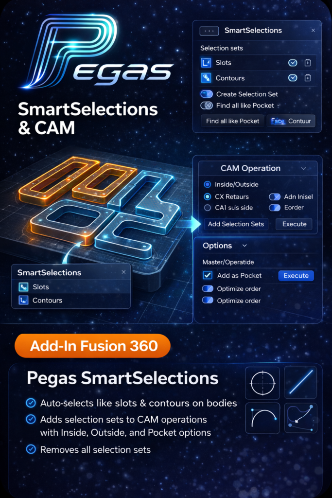 Pegas SmartSelections + CAM — Fusion 360 add-in automating CAM profile selection with SelectionSets