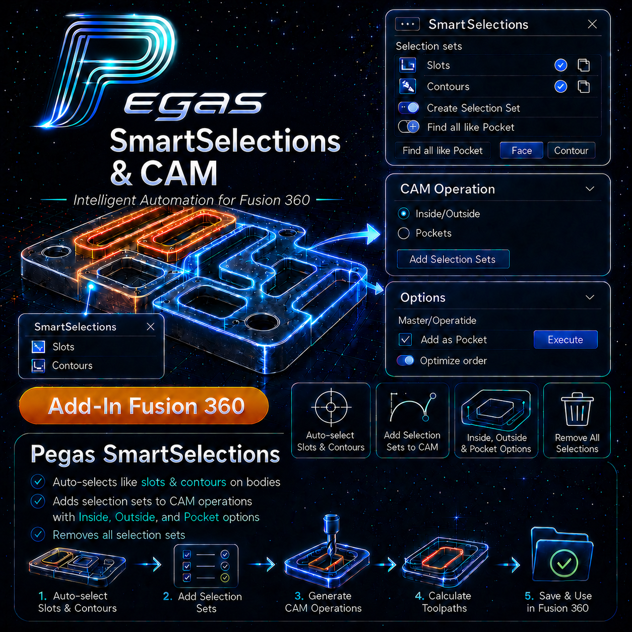 Pegas SmartSelections + CAM — Batch Geometry Selection for Fusion 360