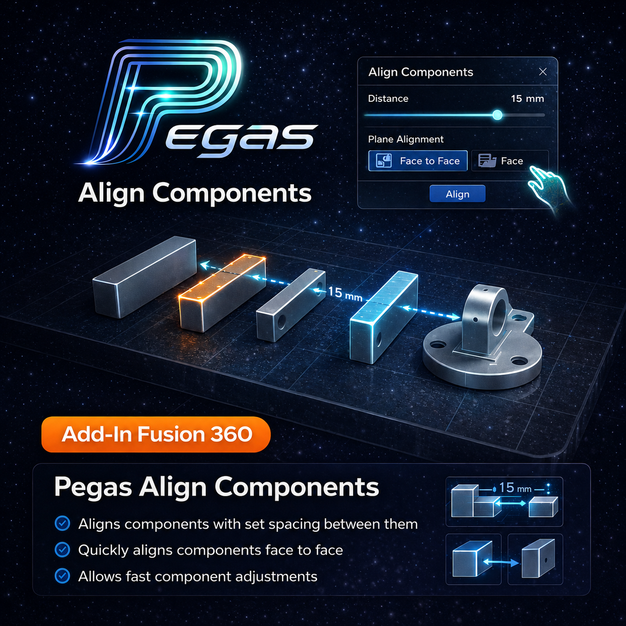 Pegas Align Components — Bounding-box axis alignment and chain snapping tool for Fusion 360