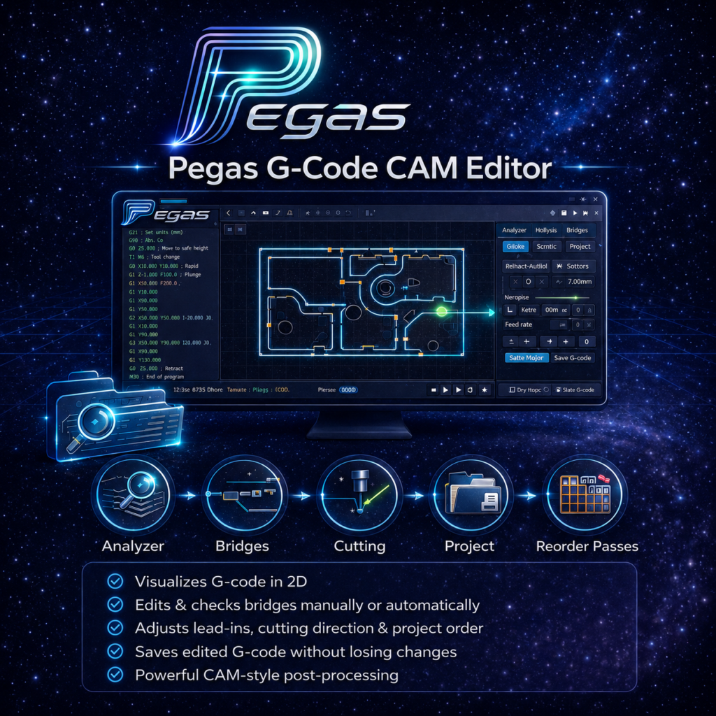 Pegas G-Code CAM Editor — Standalone Windows CNC g-code editor for bridge and entry point tuning