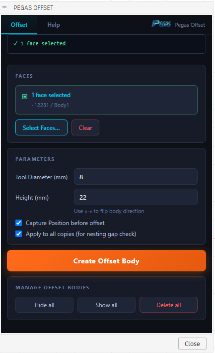 Pegas Offset Parameters Dialog Window