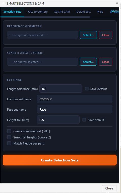 SmartSelections Contour Sets configuration tab for matching identical slot contours in Fusion 360
