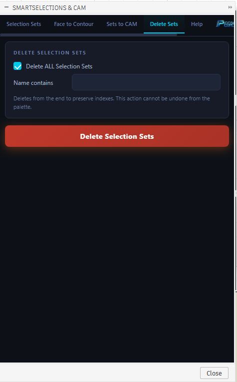 Pegas SmartSelections control panel showing delete options for named selection sets in Fusion 360