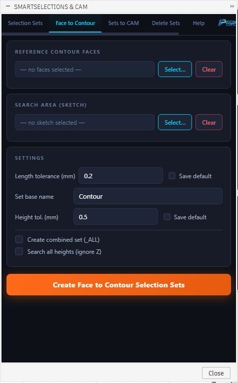 Pegas SmartSelections face to contour conversion options panel in Fusion 360