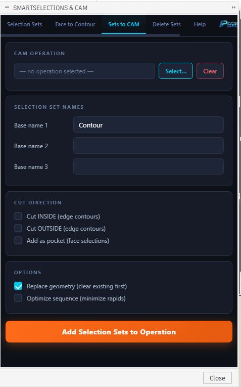 SmartSelections Sets to CAM mapping tab for sending named selections to manufacturing operations in Fusion 360