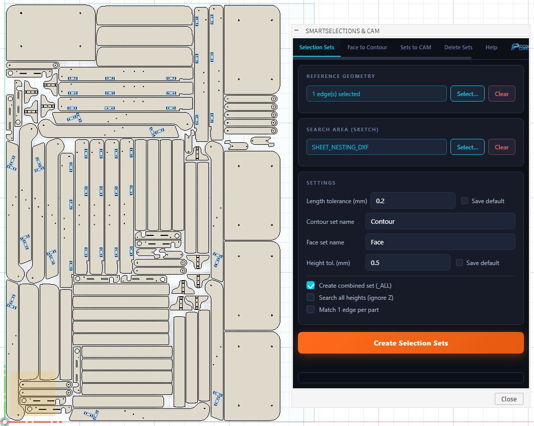 Fusion 360 CAM workspace showing all matching cabinet slots automatically selected via SmartSelections named sets