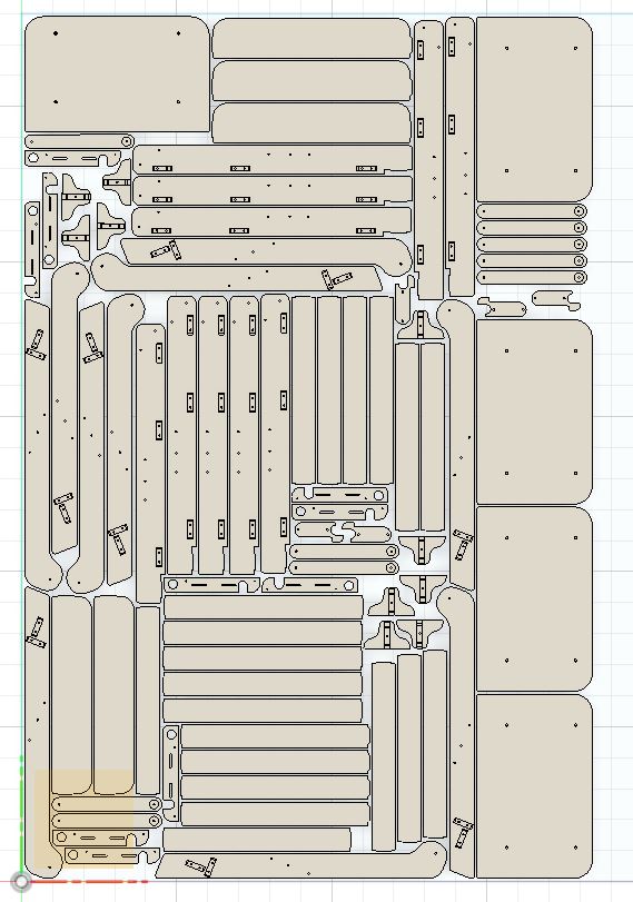 Fusion 360 woodworking cabinet model with multiple unselected hole slots in CAM workspace